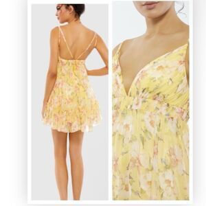 Mac Duggal 70240 Floral Empire Waist Ruffled Mini Dress Sleeveless Lemon 6 NWT